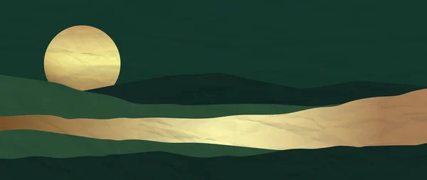 Gouden Groene Bergen Luxe Behang Ontwerp Met Gouden Maan — Stockvector