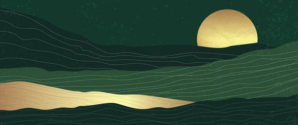 Мінімальні Золоті Зелені Гори Розкішний Дизайн Шпалер Золотим Місяцем — стоковий вектор