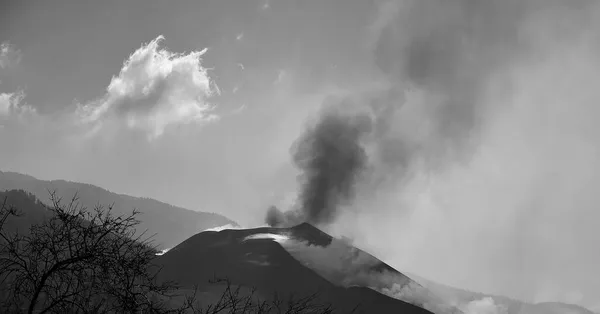 Active volcano expelling gases and ash, monochrome mode, Island of La Palma, Canarias, Spain