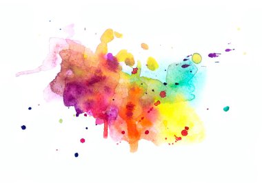 Renkli suluboya damlalar ve damlalar. Beyaz arka planda izole edilmiş parlak renkli boya lekesi. El çizimi soyut sanat arkaplanı, tasarım için element
