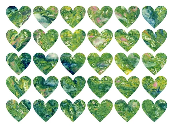 Pattern with green marble paint hearts. Artistic heart-shaped paint spots isolated on white background. Element for Valentine's Day design