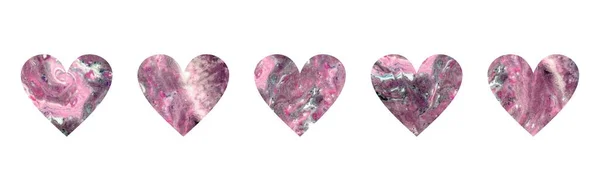 Pembe mermer kalpler. Akışkan sanat eseri kalp şeklindeki boya lekeleri beyaz arka planda izole edilmiş. Aşkın sembolü. Sevgililer Günü tasarımı için klip sanatı