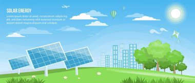Güneş Enerjisi. Alternatif enerji ve ekoloji konsepti taşıyıcı bayrak tasarımı. İzole tasarım elementleri. Güneş panelleri olan vektör manzara tasarım elementleri. Yenilenebilir enerji ve temiz çevre tasarımı