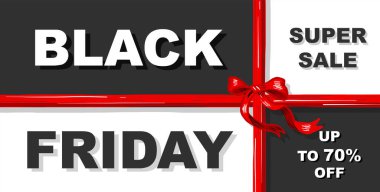 Kara Cuma Çekici Vektör Arkaplan Tasarımı. Hediye Kutusu Şekli ve Gerçekçi Kırmızı Saten Kurdeleli Siyah ve Beyaz Sancak.