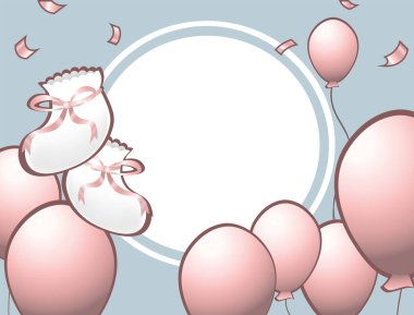Bebek partisi tebrik kartı. Pembe bir tebrik kartı. Gerçekçi balonlar ve bebek kız çorap çizimleri. Yeni doğmuş bebek için kutlama ya da davetiye kartı. Boş Metin Şablonu