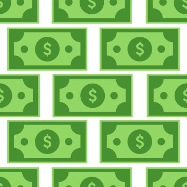Dolar Faturaları Vektör Kusursuz Desen. Beyaz arka planda Amerikan doları modeli. Tekrarlanabilir Para ve Ekonomi Konsepti dokusu. Duvar kağıdı, ambalaj kağıdı, pankart şablonu ya da baskı olarak kullanılabilir.