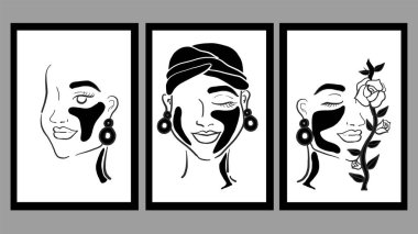 Vector Modern Style Women Soyut İllüstrasyon Seti. Asgari Modern Style Women Paintings for Print veya web sitesi kullanır. Türban ve küpe takan kız.