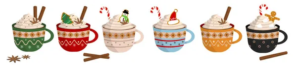 Joyeux Noël Mignons Mugs Ensemble Avec Cacao Chaud Café Crème — Image vectorielle