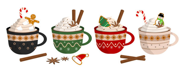 С Рождеством милые кружки набор с горячим какао или кофе, сладкие сливки, пряничные печенья, конфеты трости, корицы палочки и ванильные цветы. Декоративные праздничные кофейные чашки с украшениями.