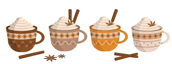 Farklı güzel tarçın ve vanilyalı kahve fincanları. Soyut Dekorasyon Seti ile Dekoratif Kupalar. Beyaz arkaplanda izole.