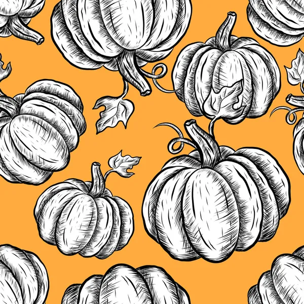 Hand Drawn Pumpkin Seamless Pattern Orange Background — Stock Vector