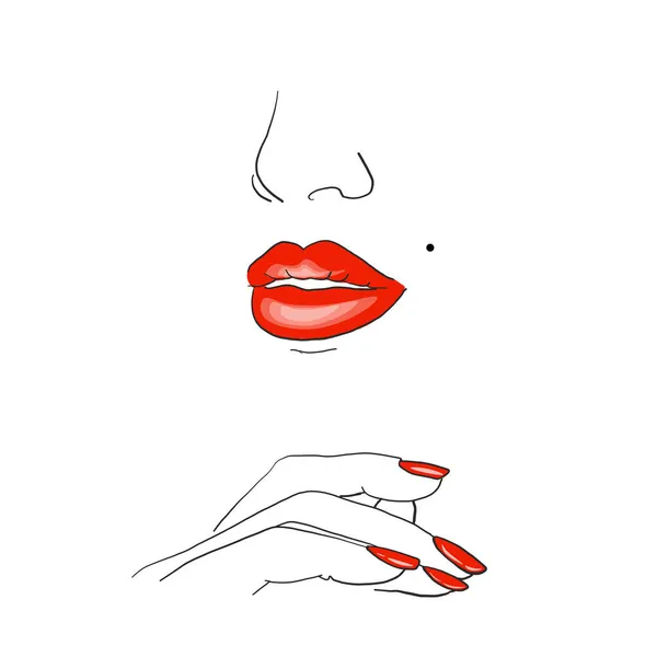 レッドリップスティックで手描きの女性の唇 白地に隔絶 — ストックベクタ