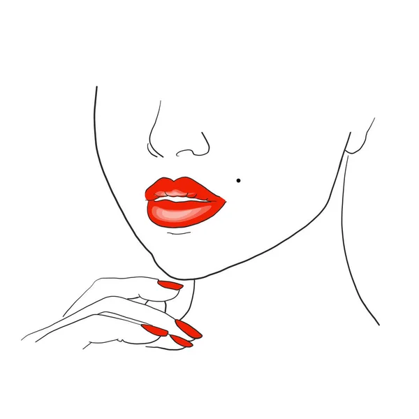 女人脸手绘摘要说明 有红唇和指甲油的漂亮女人 — 图库矢量图片