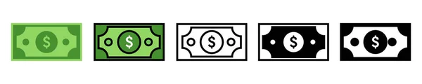 ベクトルドルビルアイコンセット 白を基調としている 米ドル紙幣の異なる色やスタイル 紙幣の輪郭 フラットと黒の白のデザイン — ストックベクタ