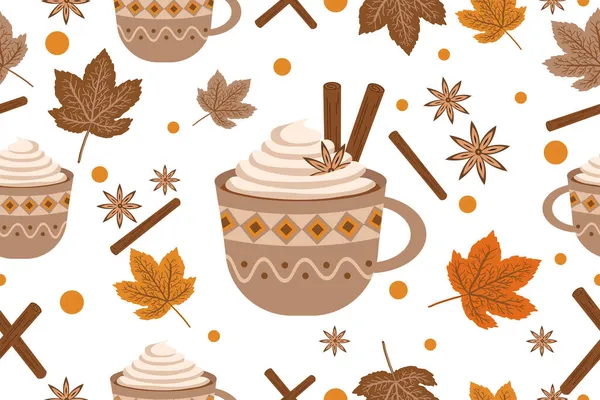 Hello Autumn Vector Pattern Cinnamon Vanilla Seamless Pattern Hot Drink — Stock Vector