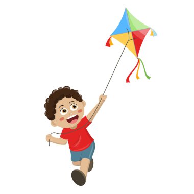 Kite ile oynayan çocuğun vektör çizimi