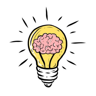Ampulün içindeki beyin, vektör illüstrasyon, fikir, yaratıcı, teknoloji konsepti 