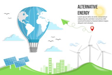 Sıcak Hava Balonu, Güneş panelleri, Yel Değirmenleri, Fotovoltaik, alternatif elektrik kaynağı - sürdürülebilir kaynaklar kavramı