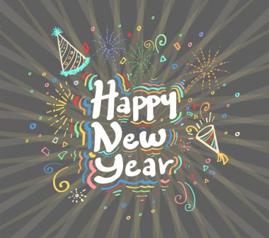 Mutlu yıllar tebeşir karalama tarzıyla şenlikli bir arkaplan. 