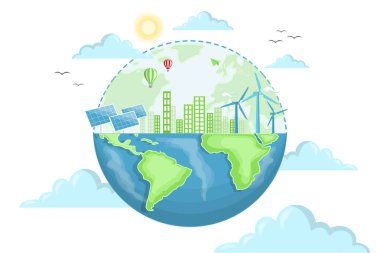 Güneş panelleri, yel değirmenleri, fotovoltaik, alternatif elektrik kaynağı - sürdürülebilir kaynaklar kavramı