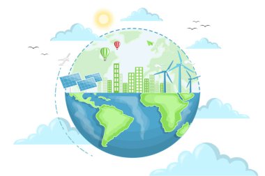 Güneş panelleri, yel değirmenleri, fotovoltaik, alternatif elektrik kaynağı - sürdürülebilir kaynaklar kavramı