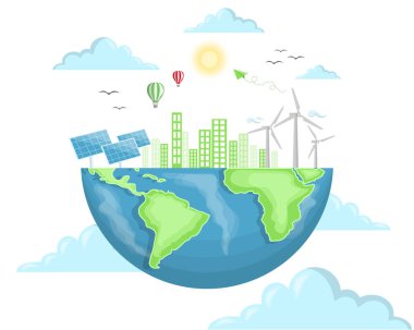 Güneş panelleri, yel değirmenleri, fotovoltaik, alternatif elektrik kaynağı - sürdürülebilir kaynaklar kavramı