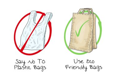 Çöpleri geri dönüşüm için bir çağrı posteri ve plastik kullanmayın, gezegen web pankartı, eko-poşetler, vektör illüstrasyonları, Dünya gezegeninin sembolü atıkla kirlenmiştir - çevre