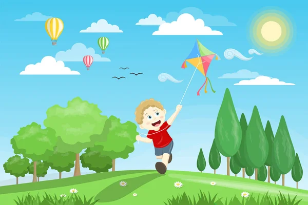 Kite ile oynayan çocuğun vektör çizimi