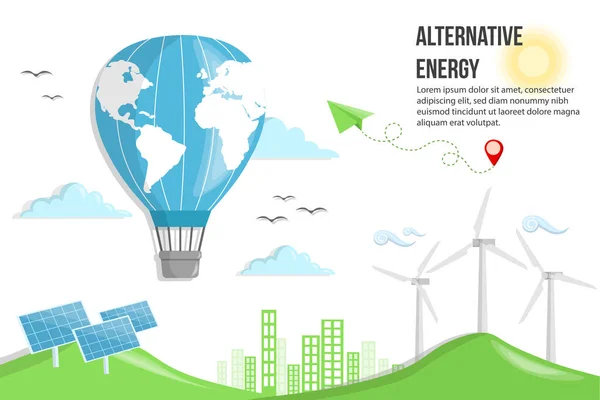 Globo Aire Caliente Paneles Solares Molinos Viento Fotovoltaica Fuente Electricidad — Archivo Imágenes Vectoriales