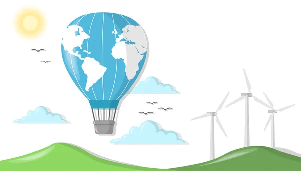Balão Quente Moinhos Vento Fotovoltaicos Fonte Eletricidade Alternativa Conceito Recursos —  Vetores de Stock