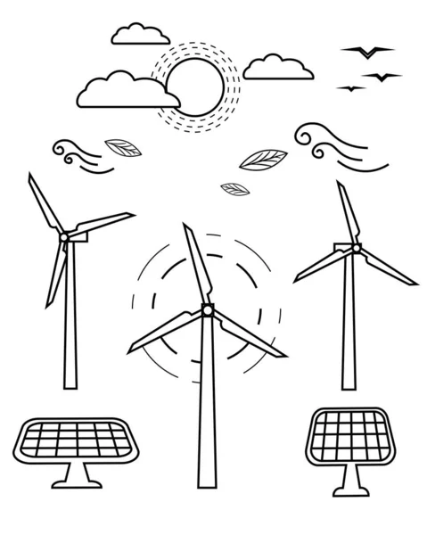 Solární Panely Větrné Mlýny Fotovoltaické Alternativní Zdroje Elektrické Energie Koncept — Stockový vektor