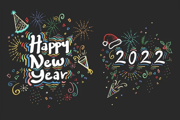 Sfondo Festivo Con Felice Anno Nuovo Saluti Gesso Stile Doodle — Vettoriale Stock