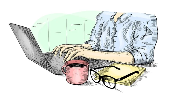 Koncepcja Pracy Ręcznie Rysowana Ilustracja Kobiety Pracującej Przy Laptopie — Wektor stockowy