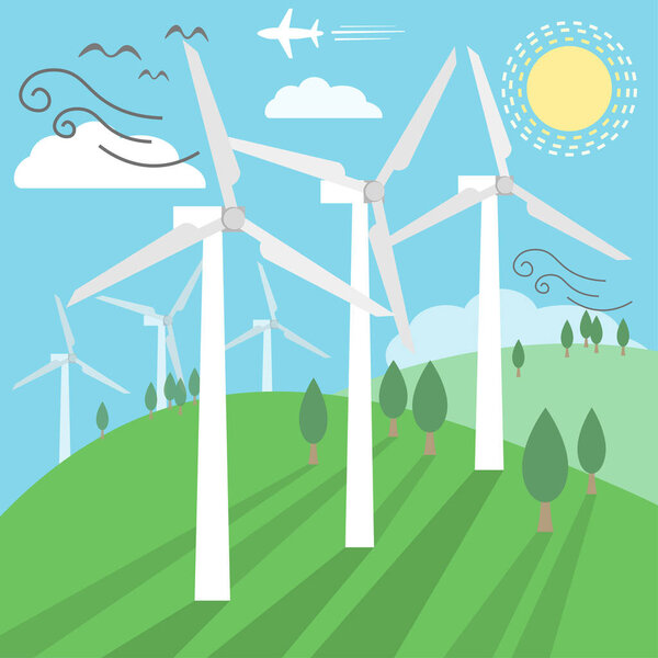 Windmills for electric power production, green energy concept