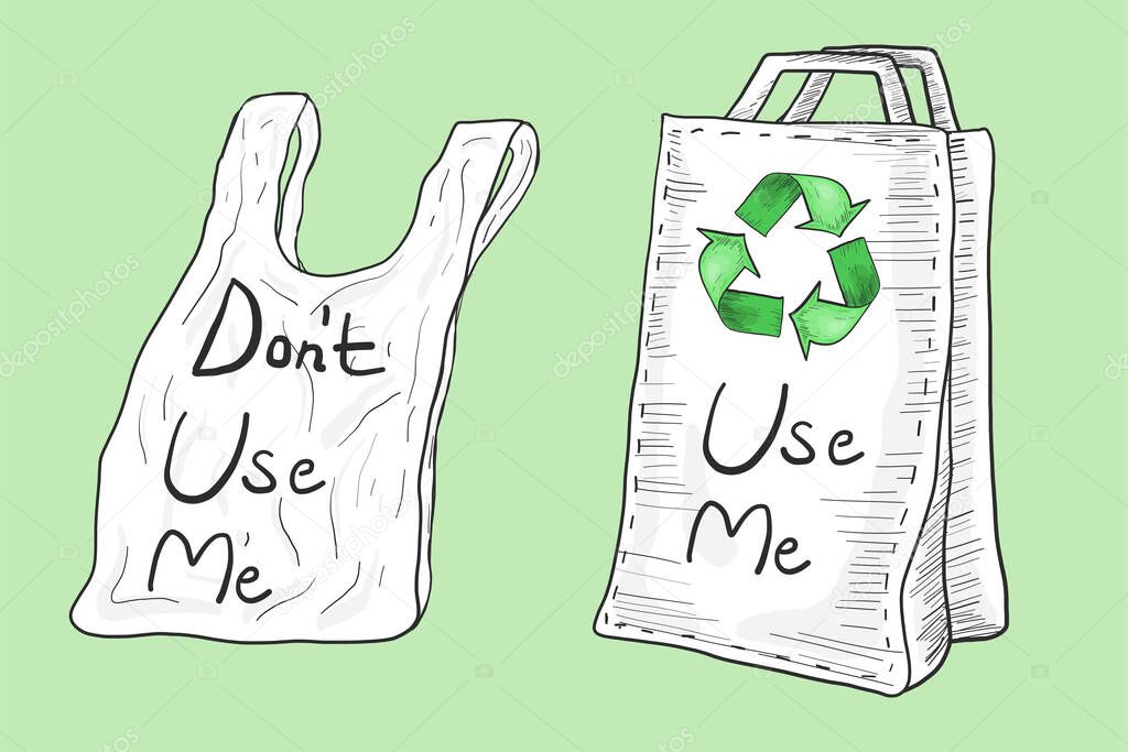 Poster for a call to recycle garbage and don't use plastic, save planet web banner, eco-bags, vector illustration, Symbol of the earth planet is polluted by waste - environment