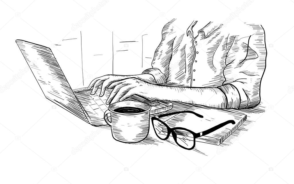 work concept, hand-drawn illustration of the woman working at the laptop