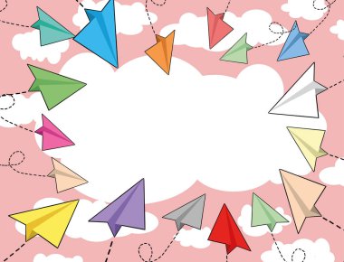 vektör renkli afiş. Bulutlarda küçük kağıt uçaklar, mavi gökyüzü ve ünvanınız için bir yer.