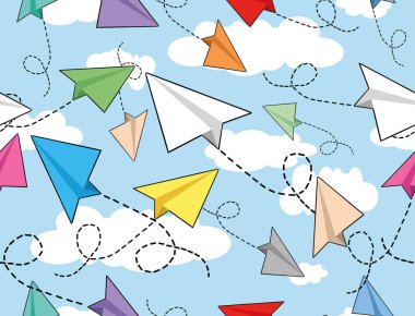 Vektör pankartı. Gökyüzünde sevimli, komik ve küçük renkli kağıt uçaklar olan kusursuz bir poster.