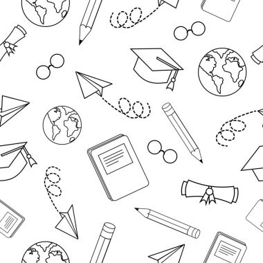 Çalışma ve okul unsurları ile kusursuz bir arkaplan, vektör illüstrasyonu 