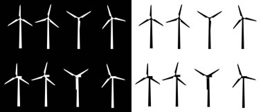 Elektrik üretimi için beyaz ve siyah yel değirmenleri, yeşil enerji kavramı
