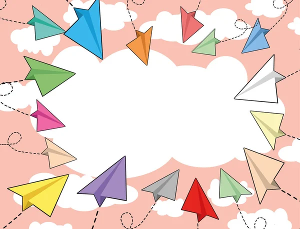 Векторный Красочный Баннер Постер Милыми Смешные Маленькие Бумажные Самолеты Облаках — стоковый вектор