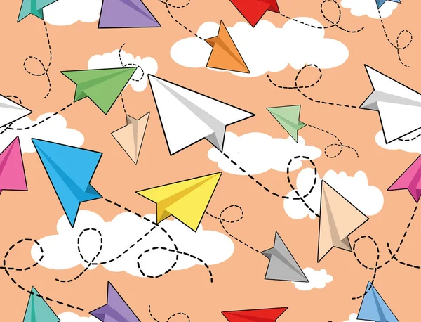 ベクター バナー 空にかわいい面白いと小さな色の紙飛行機とシームレスなポスター — ストックベクタ