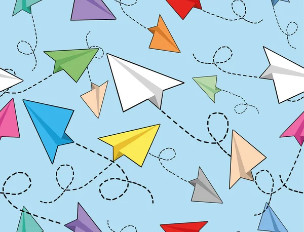 Vektör pankartı. Gökyüzünde sevimli, komik ve küçük renkli kağıt uçaklar olan kusursuz bir poster.
