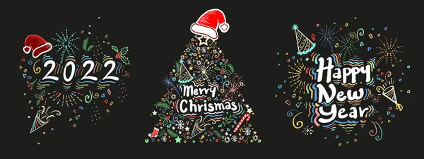 Festive Set Backgrounds Happy New Year Merry Christmas Greetings Chalk — 图库矢量图片