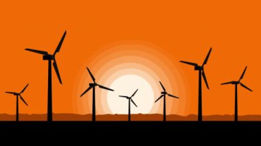 Elektrik üretimi için siluetler yel değirmenleri, yeşil enerji animasyon kavramı