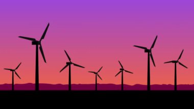 Elektrik üretimi için siluetler yel değirmenleri, yeşil enerji animasyon kavramı
