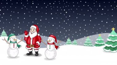Kardan adam kış manzaralı Noel Baba, tebrik kartı