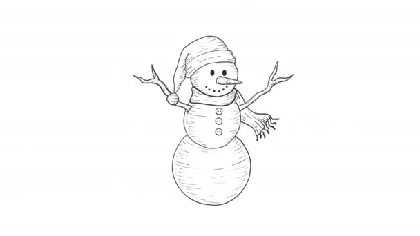 Mano Dibujado Blanco Negro Muñeco Nieve — Vídeos de Stock