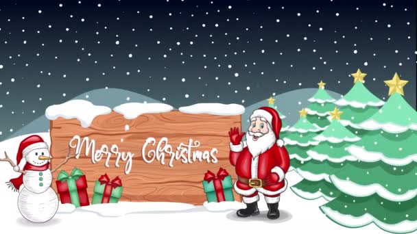 Santa Con Paisaje Del Invierno Del Muñeco Nieve Tarjeta Felicitación — Vídeo de stock