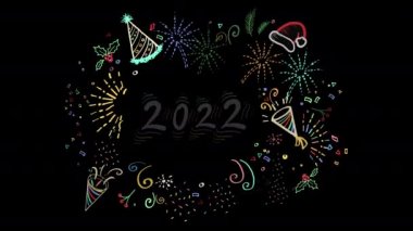 Yeni yıl 2022 renkli karalama soyut animasyonu. Yaratıcı Renkli Neon Öncü Tebrik Kartı. Mutlu yıllar 2022 Animasyon Tasarımı. Doodle Stili Yeni Yıl ve Noel Renkli Neon Liderlik Dekorasyonları.